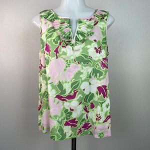 Talbots Top 8P Green Pink Floral Cotton Pleated Ruffle Shell Tank Women's
